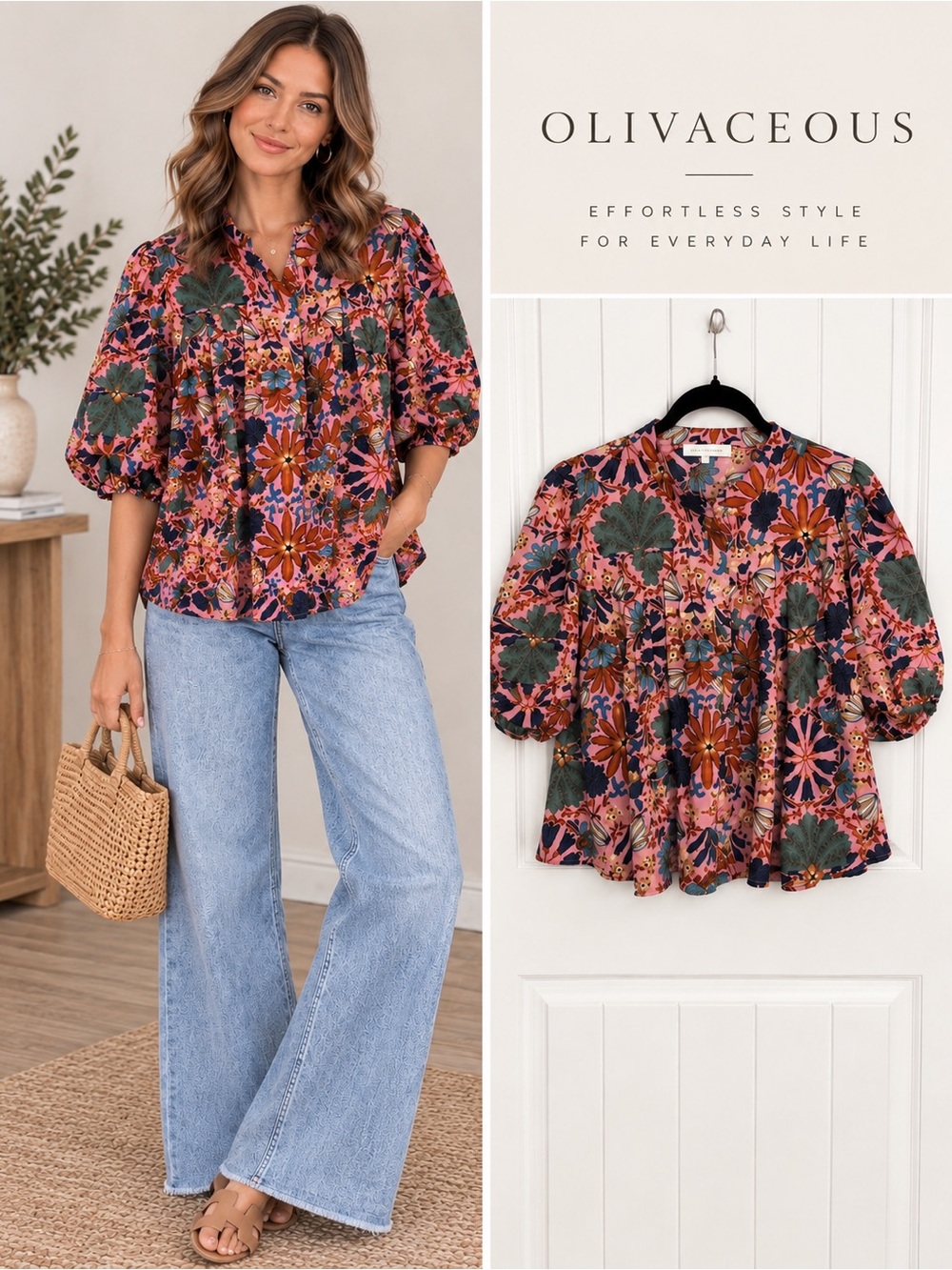 Olivaceous Floral Embroidered Pink Puff Sleeve Blouse